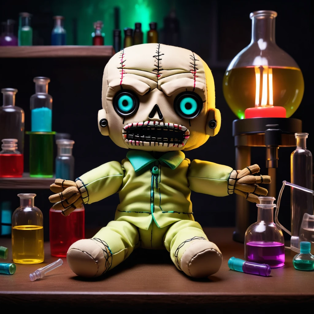 (knitted toy voodoo doll:1.7), sitting on a podium, solid color around, (Walter White from Breaking Bad:1.0), in Walter White clothes, against the backdrop of a dark laboratory with chemical test tubes, best quality, masterpiece, detailed soft oil painting, detailed background, dramatic cinematic lighting, soft edge lighting, professional, dramatic lighting, hard edge lighting, ultra quality, 4k, masterpiece, best quality, 8k, ultra high definition, high resolution, extremely detailed