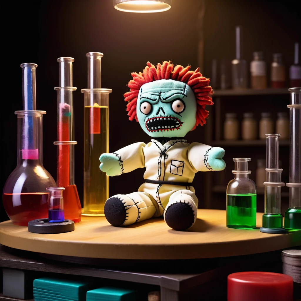 (knitted toy voodoo doll:1.7), sitting on a podium, solid color around, (Walter White from Breaking Bad:1.0), in Walter White clothes, against the backdrop of a dark laboratory with chemical test tubes, best quality, masterpiece, detailed soft oil painting, detailed background, dramatic cinematic lighting, soft edge lighting, professional, dramatic lighting, hard edge lighting, ultra quality, 4k, masterpiece, best quality, 8k, ultra high definition, high resolution, extremely detailed