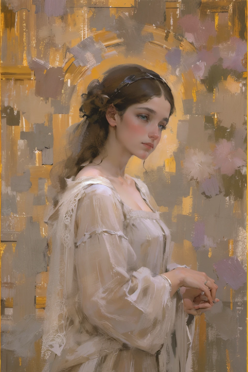 (Best quality at best,actual:1.37),Renaissance Minimalist Oil Painting,Beautiful girl,Detailed eyes,Subtle color palette,fine brushwork,Fantastic atmosphere,with light glowing,Soft light and shadow,vivid emotional description,Timeless elegance,Meticulous attention to detail,Subtle and refined texture,Harmonious composition,Understated beauty,Classic art,serene environment,A unique perspective.