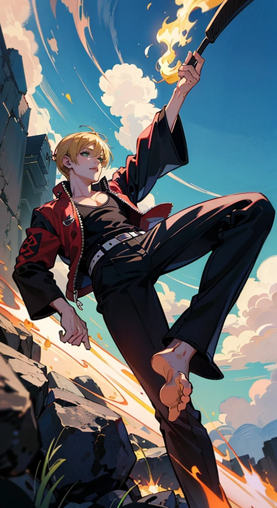(Qualidade 4k),Kuro ashi no sanji(Qualidade 4k),Kuro ashi no sanji, 1 menino, Roupa Nike,  blue skies, ((foot on fire)),male, one-piece, curls eyebrows 