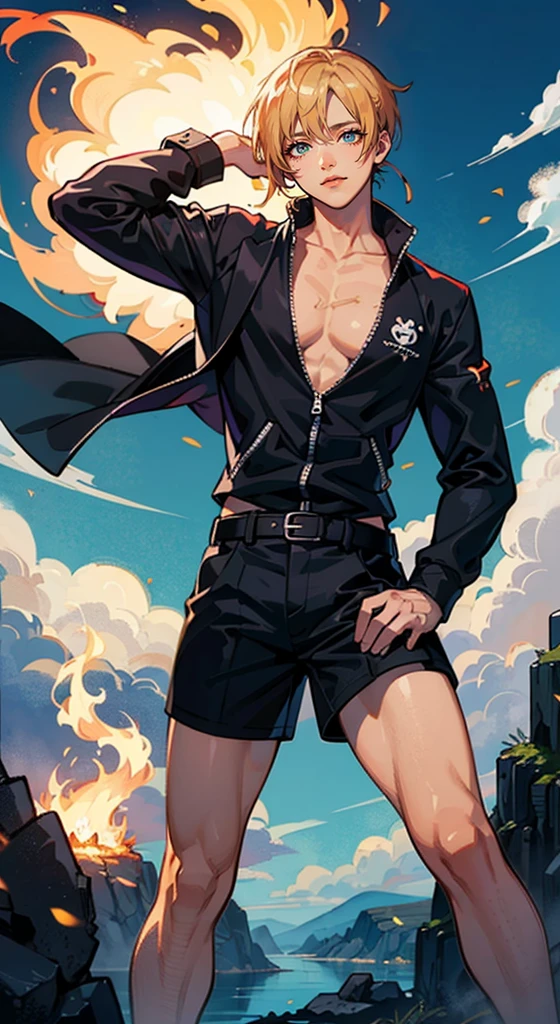 (Qualidade 4k),Kuro ashi no sanji(Qualidade 4k),Kuro ashi no sanji, 1 menino, Roupa Nike,  blue skies, ((foot on fire)),male, one-piece, curls eyebrows 