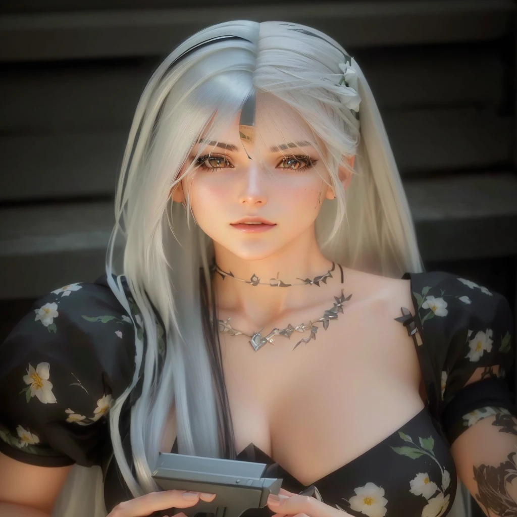 a close up of a woman with long hair holding a flower, tifa lockhart with white hair, photorealistic anime girl render, 3 d anime realistic, realistic anime 3 d style, photorealistic anime, girl with white hair, detailed white long hair, hyper realistic anime, anime realism style, anime highly detailed, anime styled 3d, anime style. 8k