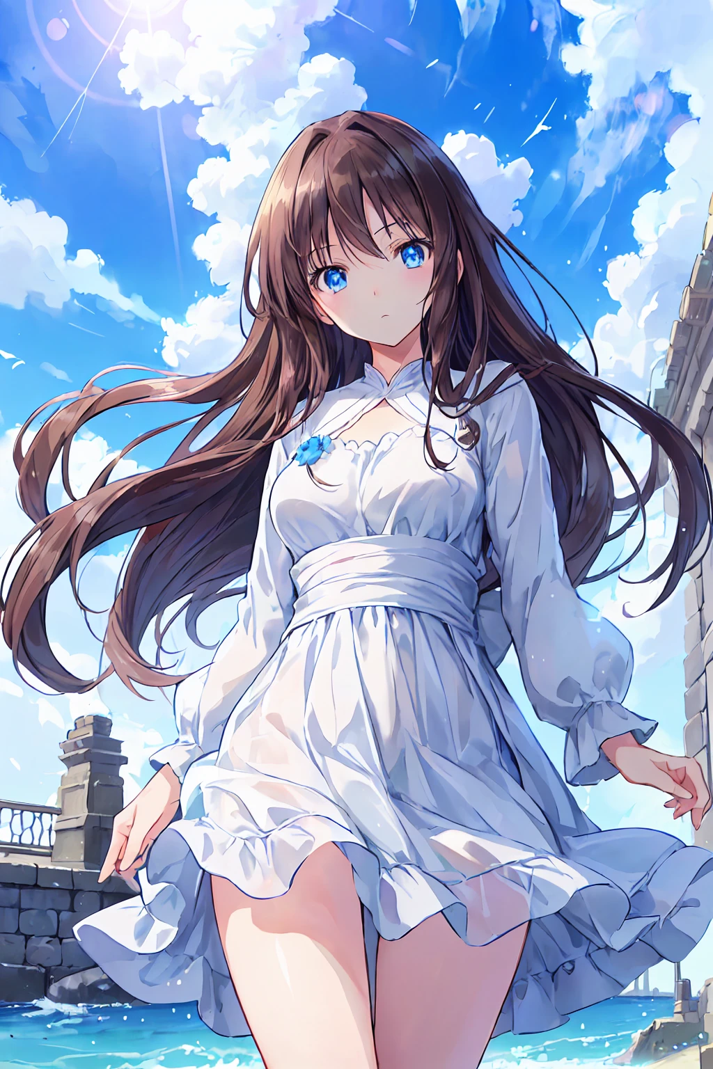 Absurd, High resolution, (Anime Style:1.1), ((Tabletop)), ((Highest quality)), (Super detailed), (beautiful), alone, beautiful face、(lift),Wind,Dark brown long hair,, blue eyes,Lens flare,dramatic,Ancient city details、Windになびくスカート、Clouds looking down、(Don&#39;t look here:1.4)、Small breasts