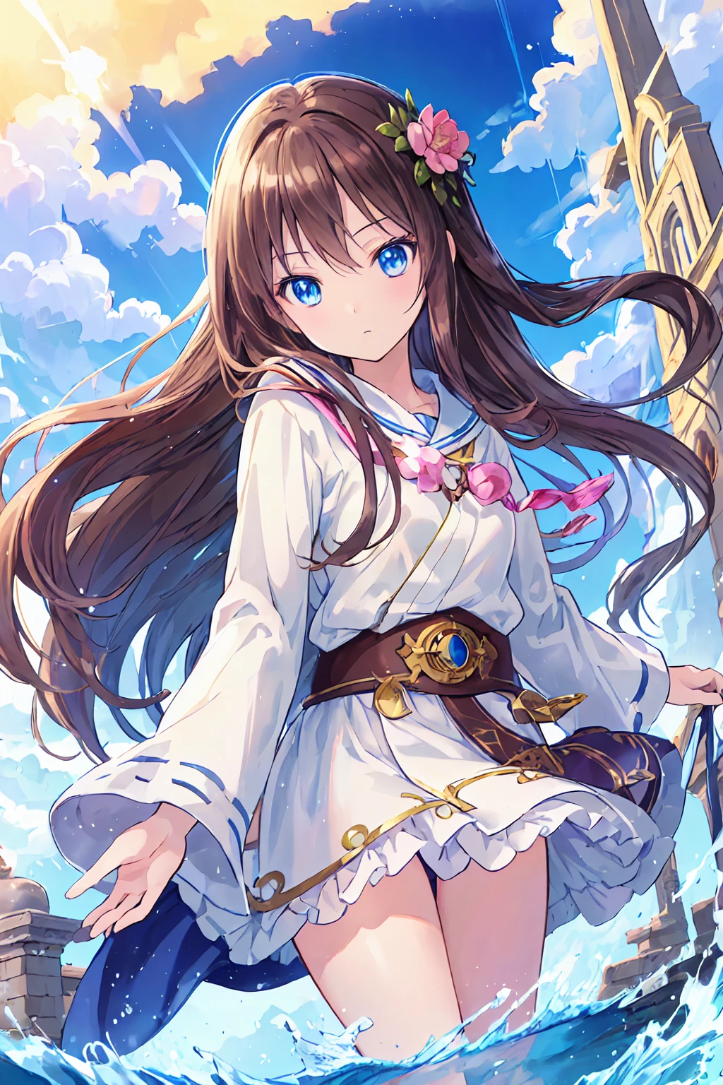 Absurd, High resolution, (Anime Style:1.1), ((Tabletop)), ((Highest quality)), (Super detailed), (beautiful), alone, beautiful face、(lift),Wind,Dark brown long hair,, blue eyes,Lens flare,dramatic,Ancient city details、Windになびくスカート、Clouds looking down、(Don&#39;t look here:1.4)、Small breasts