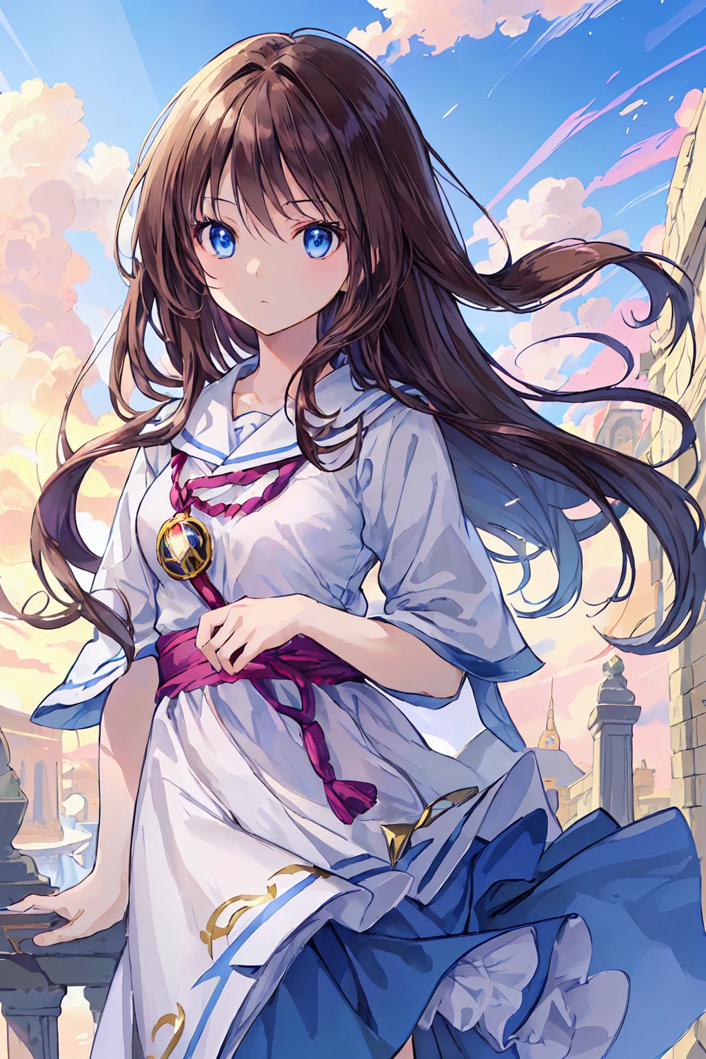 Absurd, High resolution, (Anime Style:1.1), ((Tabletop)), ((Highest quality)), (Super detailed), (beautiful), alone, beautiful face、(lift),Wind,Dark brown long hair,, blue eyes,Lens flare,dramatic,Ancient city details、Windになびくスカート、Clouds looking down、(Don't look here:1.4)、Small breasts