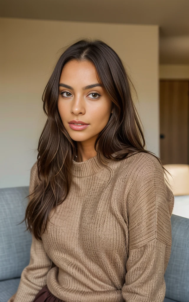 woman wearing Brown rough knit sweater and brown skirt, Perfect fit, perfect bodies, depth of fields, Perfect image realism, Background with:((Relax in your living room))、ackground with, detailed costume, Perfect litthing、Hyper-Realism、Photorealsitic、8K maximum resolution, (​masterpiece), ighly detailed, Professional, very detailed, a beautiful young woman, beautiful tan woman, gorgeous face, brunette hair, long_hair, symmetrical face, gorgeous, western, (masterpice), best quality, high resolution, extremely detailed, skin with pores. 