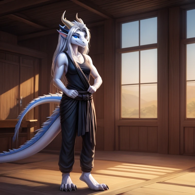 Masterpiece, Best quality, High quality, highres, detailed, extremely detailed, dark lighting, 4K, female, 1female, slim_woman, toned body, dragon, white body, smooth skin, anthro legs, tone body, (dragon feet), (toe claw), black spikes, blue eyes, (detailed eyes), dragon horns, dragon tail, bare_shoulders, (clothing, topwear: tanktop, handwear:(cloth wrap), bottomwear, pants:black, beautiful, ((mouth closed)), long silver hair, has hair, pretty, monk, timid, averting eyes, cute, standing in a dojo, smiling