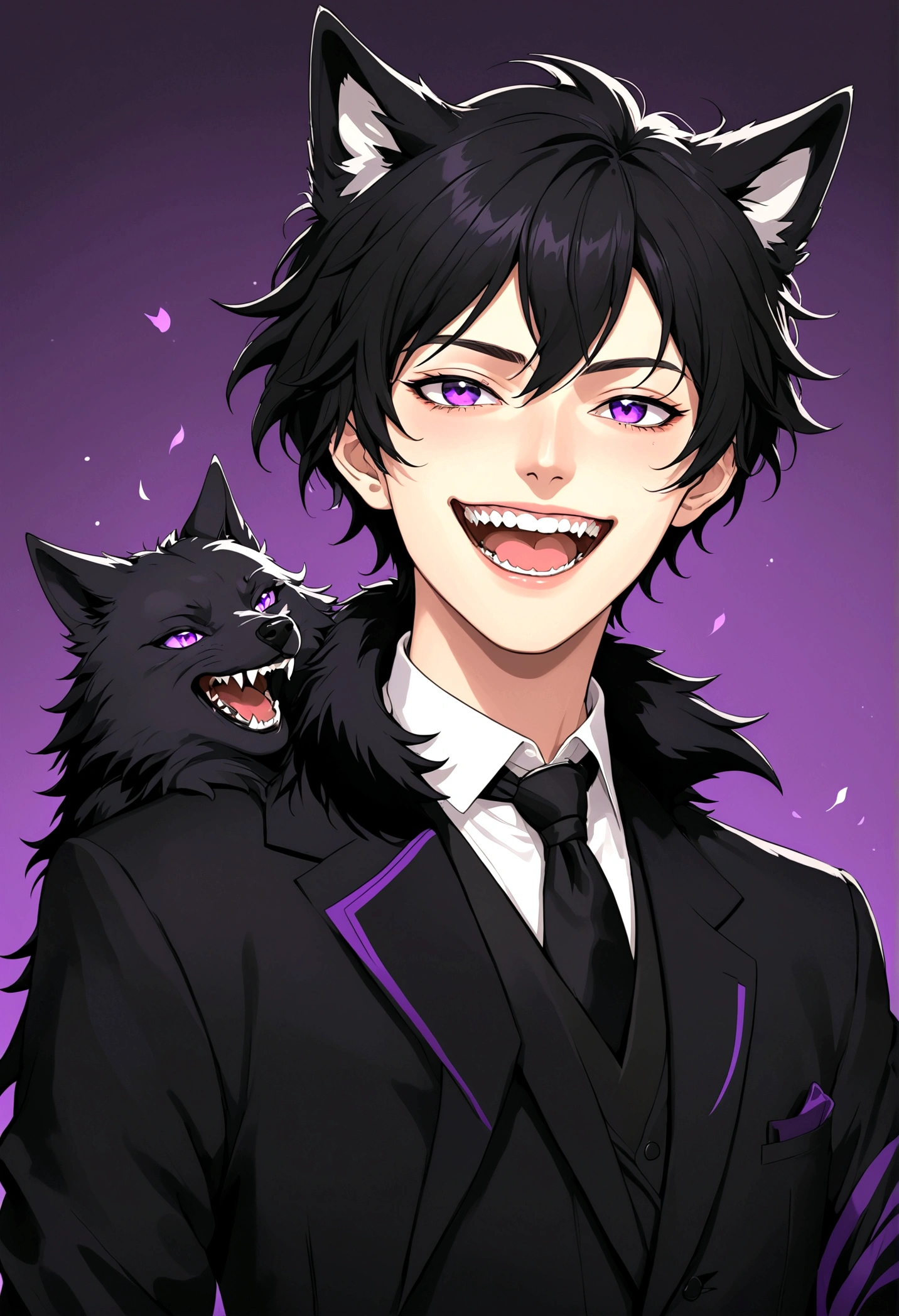 Handsome anime boy， laughing out loud，teeth，Purple Eyes，Black short hair,Wolf ears，Black suit fur collar decoration，hand：1.37