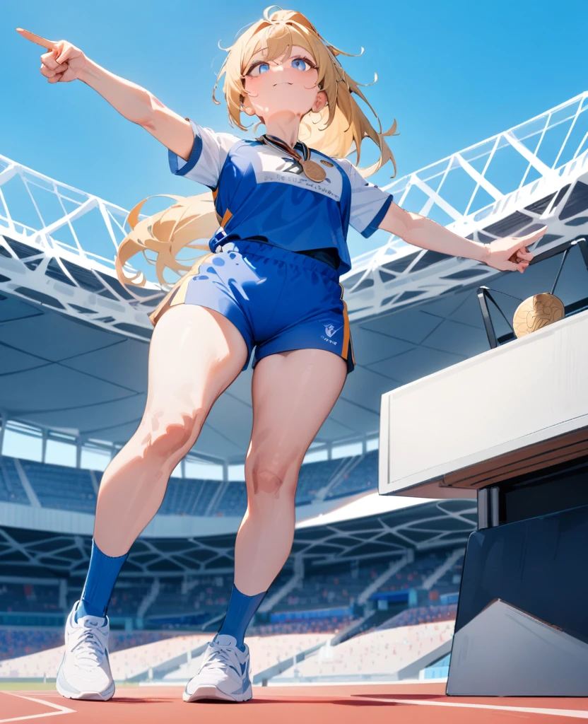 masterpiece, best quality, very aesthetic, absurdres, newest, 1girl, solo, young adult, blonde, ponytail, long hair, blue eyes, looking up, joyful expression, sports uniform, gold medal, pointing to the sky, center of the podium, Olympic stadium, daytime, clear sky, full body, from below
