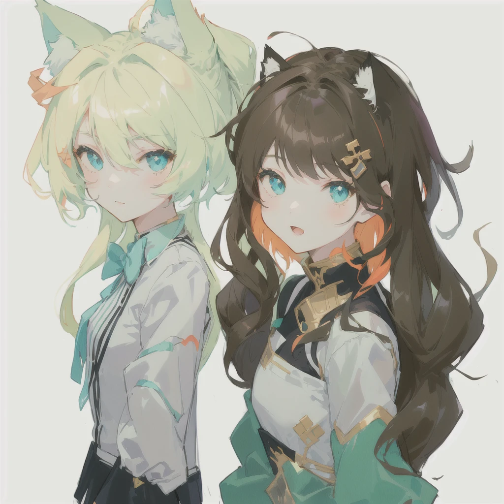 anime - style picture of two young girls with long hair and cat ears, in style of cytus and deemo, they are siblings, nixeu and sakimichan, neferpitou, siblings, shirabii, [[[[grinning evily]]]], fully colored, by Puru, cute anime style, cute anime