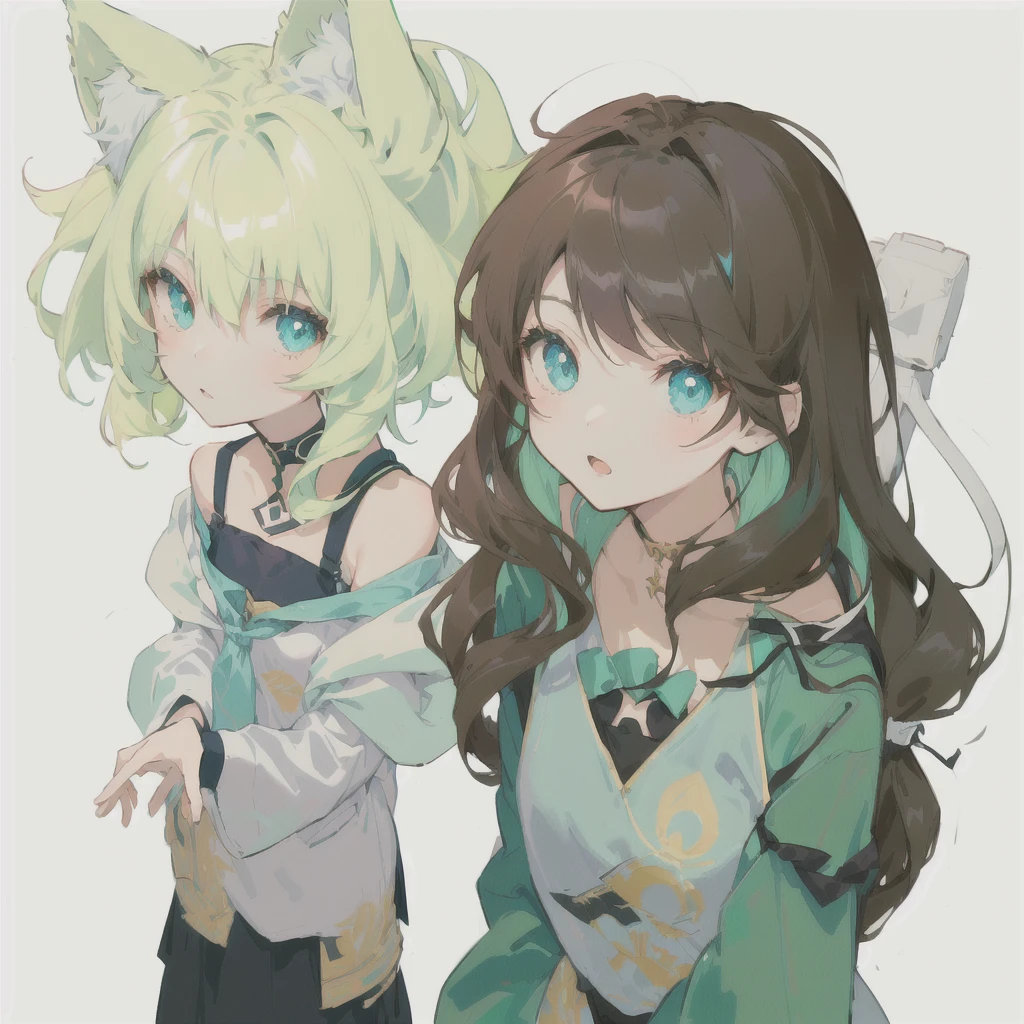 anime - style picture of two young girls with long hair and cat ears, in style of cytus and deemo, they are siblings, nixeu and sakimichan, neferpitou, siblings, shirabii, [[[[grinning evily]]]], fully colored, by Puru, cute anime style, cute anime