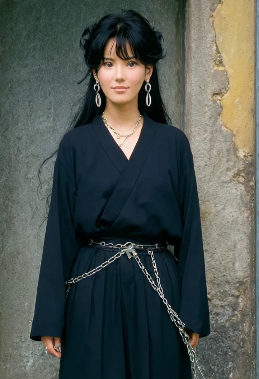 A Ghibli's studio character. With messy black hair and dark large clothes. she wear very noticeable earrings. She is chained 