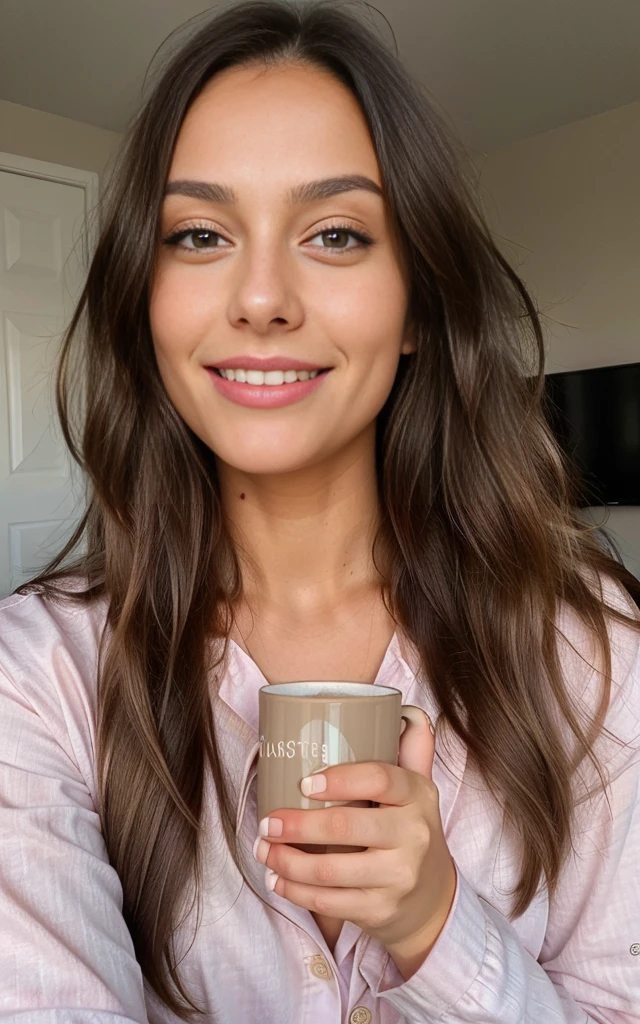 woman smiling, close up, woman wearing pyjamas and drinking a hot cup of coffee, very detailed, a beautiful young woman, beautiful tan woman, gorgeous face, brunette hair, long_hair, symmetrical face, gorgeous, western, (masterpice), best quality, high resolution, extremely detailed, skin with pores.