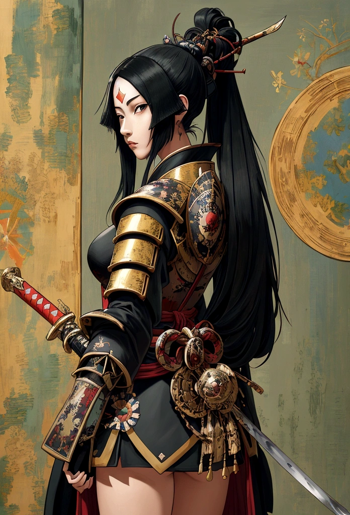 a picture of Japanese female knight, she has long black hair, wearing samurai armor, armed with a katana, ready for battle, ((shot taken from the back)), Japanese fantasy art, (Masterpiece: 1.5), 16k, highres, best quality, high details, ultra detailed, masterpiece, best quality, (extremely detailed), arafed, dnd art, JapaneseKatana, wtrcolor style