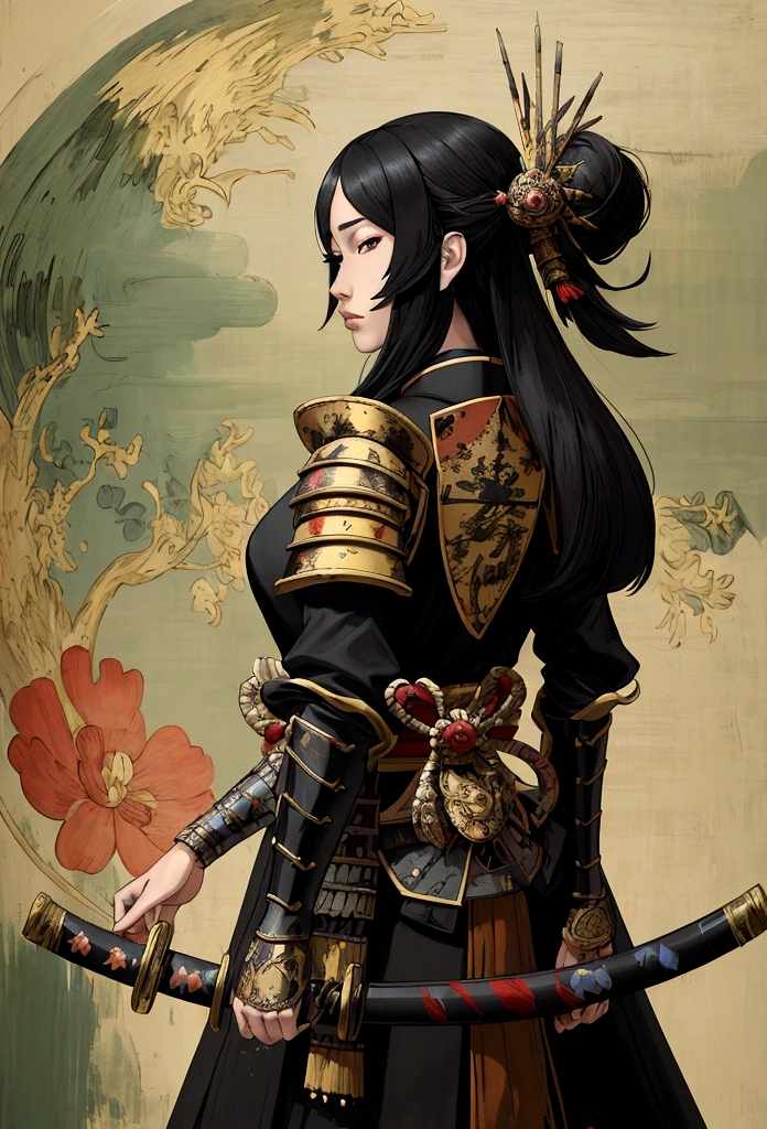 a picture of Japanese female knight, she has long black hair, wearing samurai armor, armed with a katana, ready for battle, ((shot taken from the back)), Japanese fantasy art, (Masterpiece: 1.5), 16k, highres, best quality, high details, ultra detailed, masterpiece, best quality, (extremely detailed), arafed, dnd art, JapaneseKatana, wtrcolor style