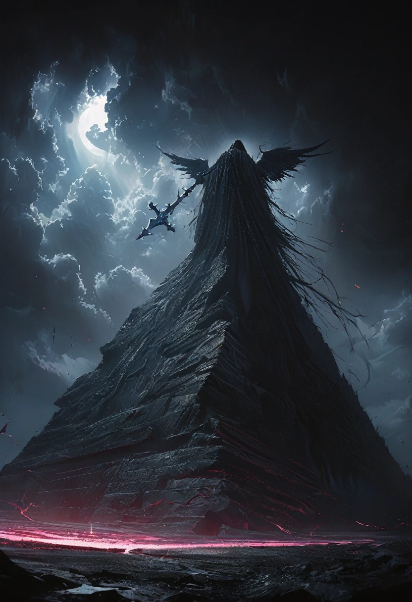(masterpiece, best quality: 1.2), angel underground, broken wings, holding a blue silver crucifix, moonlight, ominous clouds, dark fantasy illustration style, dark arts, high contrast, dark shadows, atmospheric perspective , melancholic colors, cinematic composition, volumetric lighting, numbers, brush strokes, dramatic lighting, low angle, surrealism, super detailed, hyperrealism