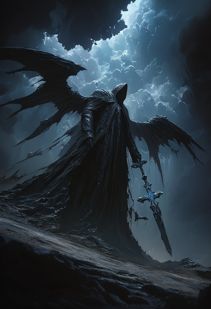 (masterpiece, best quality: 1.2), angel underground, broken wings, holding a blue silver crucifix, moonlight, ominous clouds, dark fantasy illustration style, dark arts, high contrast, dark shadows, atmospheric perspective , melancholic colors, cinematic composition, volumetric lighting, numbers, brush strokes, dramatic lighting, low angle, surrealism, super detailed, hyperrealism