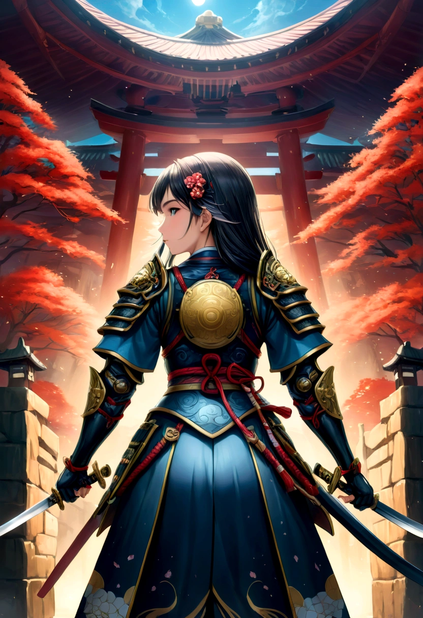 a picture of Japanese female knight, she has long black hair, wearing samurai armor, armed with a katana, ready for battle, ((shot taken from the back)), Japanese fantasy art, (Masterpiece: 1.5), 16k, highres, best quality, high details, ultra detailed, masterpiece, best quality, (extremely detailed), arafed, dnd art, JapaneseKatana, wtrcolor style