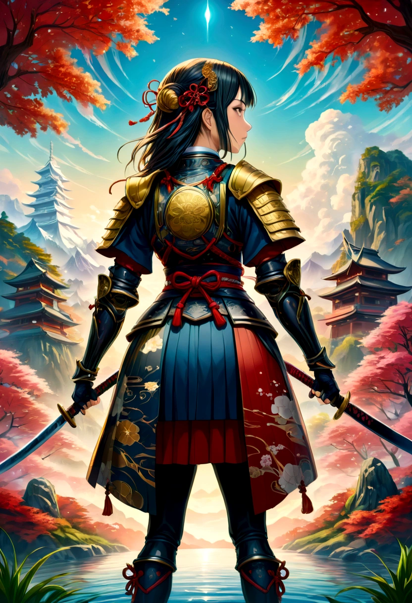 a picture of Japanese female knight, she has long black hair, wearing samurai armor, armed with a katana, ready for battle, ((shot taken from the back)), Japanese fantasy art, (Masterpiece: 1.5), 16k, highres, best quality, high details, ultra detailed, masterpiece, best quality, (extremely detailed), arafed, dnd art, JapaneseKatana, wtrcolor style