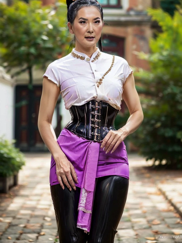((best quality)), ((Masterpiece)), (4k details), photorealism, full body, (((Old Asian woman))), ((Age 70)), tight black latex leggings, white cotton dress shirt, purple leather waist corset, Big muscles, Twintail hairstyle,