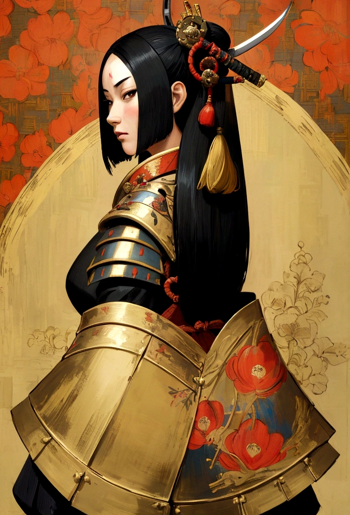 a picture of Japanese female knight, she has long black hair, wearing samurai armor, armed with a katana, ready for battle, ((shot taken from the back)), Japanese fantasy art, (Masterpiece: 1.5), 16k, highres, best quality, high details, ultra detailed, masterpiece, best quality, (extremely detailed), arafed, dnd art, JapaneseKatana, wtrcolor style