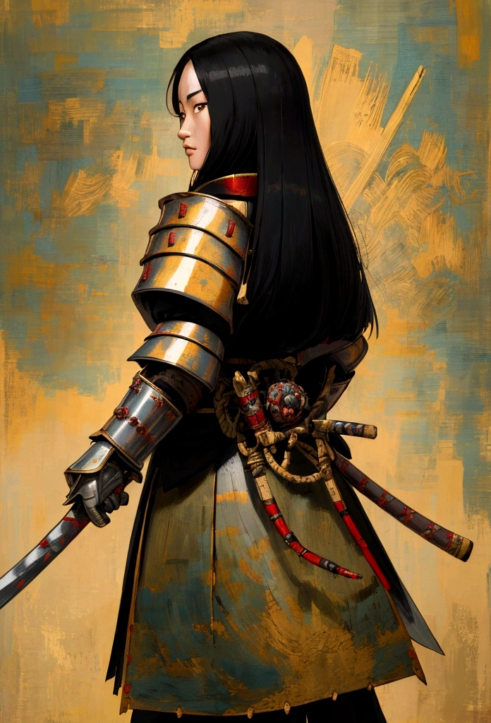 a picture of Japanese female knight, she has long black hair, wearing samurai armor, armed with a katana, ready for battle, ((shot taken from the back)), Japanese fantasy art, (Masterpiece: 1.5), 16k, highres, best quality, high details, ultra detailed, masterpiece, best quality, (extremely detailed), arafed, dnd art, JapaneseKatana, wtrcolor style