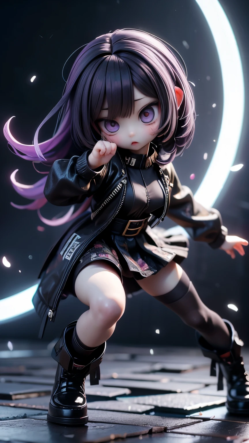 (masterpiece, 最high quality, 最high quality, Official Art, beautifully、aesthetic:1.2), (Chibi Character:1.3、2:2:1.3), Goth_punk、Very detailed,colorful,Most detailed,night、深night、Degrees of Freedom:1.8、Anatomically correct、 (Dynamic pose), (Long sleeve、Black jacket、skirt), (Shiny skin), (Many colors:1.4), beautiful、Japanese、Super big breasts:1.99、Small waist:1.3、High resolution、high quality、high resolution、Realistic、realism、Photorealistic、Realistic textured face and body、beautiful、Purple mesh hair、realism、Realistic、Photorealistic、Raw photo、超A high resolution 、SLR、Octane Rendering、dynamicポーズ、Dynamic Action、Sharp Eye、Heavy makeup、dynamic、Dynamic Action、