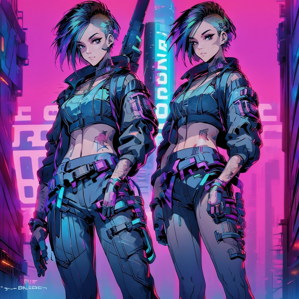 Create an anime-style, high-resolution, ultrasharp 8K masterpiece of Judy Alvarez from "Cyberpunk 2077." She has a punk-inspired look with partially shaved sides and the rest of her hair dyed in vibrant colors. Her expressive eyes are highlighted with bold, edgy makeup. She sports a series of intricate tattoos covering her neck, arms, and torso, adding to her rebellious aura. Judy wears a stylish, futuristic outfit with a mix of leather and neon accents, embodying the gritty, cyberpunk aesthetic. The background should reflect the neon-lit streets of Night City, emphasizing the urban, high-tech environment. Capture her confident, determined expression as she stands ready, showcasing her role as a skilled braindance technician and fierce protector of the marginalized.