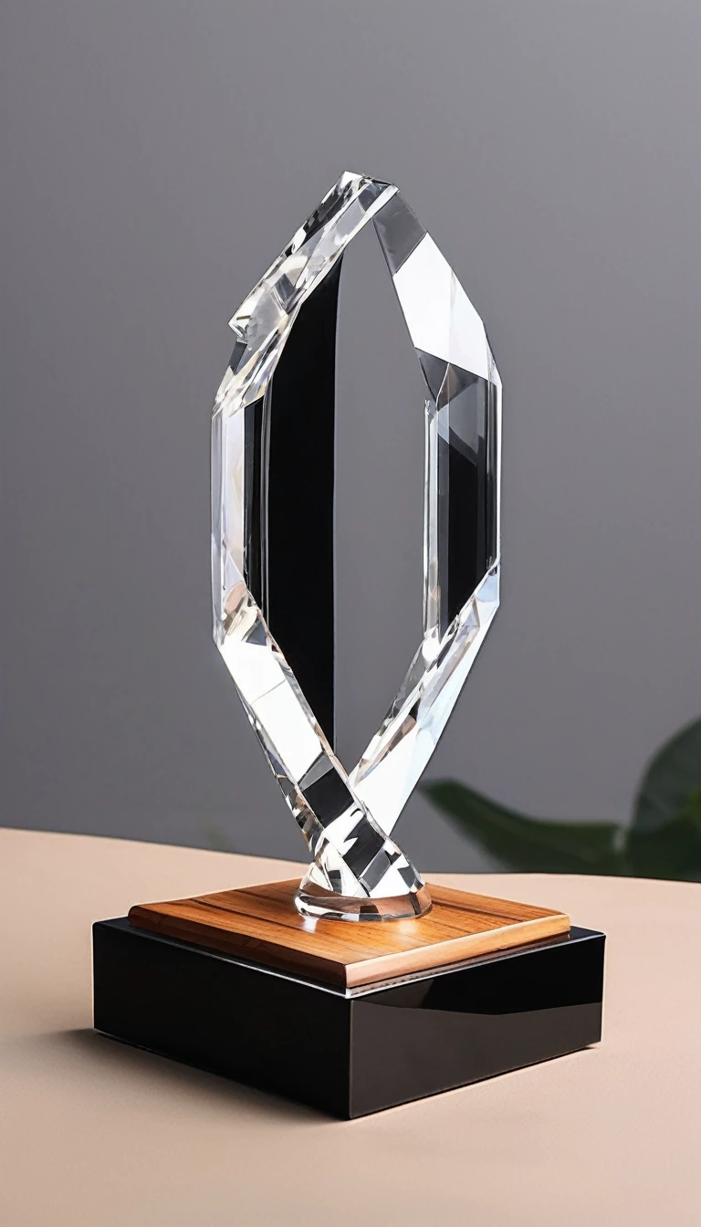 A cool trophy;Made of crystal and black metal,Beautiful curves,Fashion造型;Wooden square base,There is a metal nameplate on the base;Simplicity,Fashion,Feature,White background,Front view。
