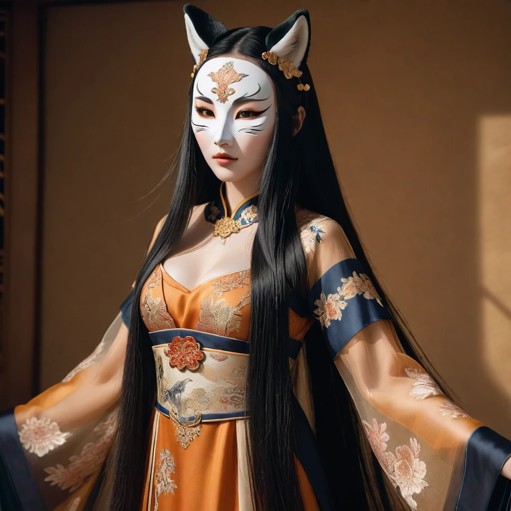 a beautiful girl, 9 heads tall, long black hair, wearing a fox mask, traditional 15th century chinese clothing, sheer dress, highly detailed, intricate, elegant, mysterious, soft lighting, warm colors, dramatic pose, cinematic composition, hyperrealistic, 8k, high quality, masterpiece