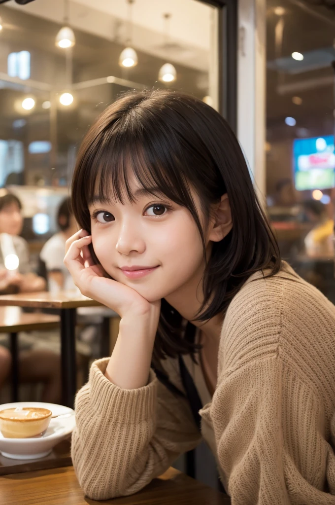 Tabletop, Portrait of a Girl、Date at the cafe、Cute face、(Short Hair:1.3)、Black Hair、White shirt