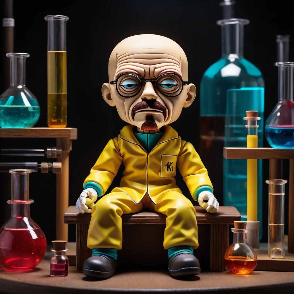 (knitted toy voodoo doll:1.2), sitting on a podium, solid color around, (Walter White from Breaking Bad:1.0), in Walter White clothes, against the backdrop of a dark laboratory with chemical test tubes, best quality, masterpiece, detailed soft oil painting, detailed background, dramatic cinematic lighting, soft edge lighting, professional, dramatic lighting, hard edge lighting, ultra quality, 4k, masterpiece, best quality, 8k, ultra high definition, high resolution, extremely detailed