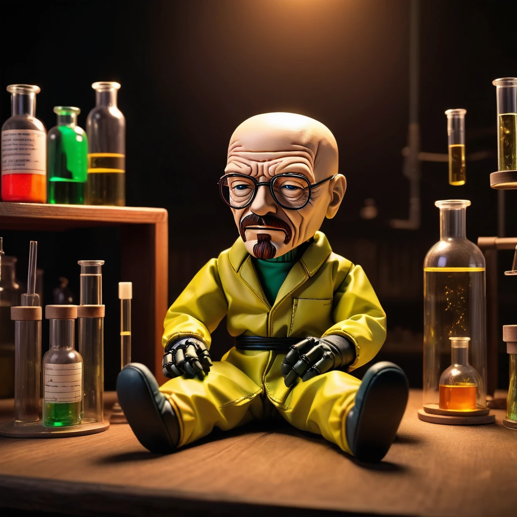 (knitted toy voodoo doll:1.2), sitting on a podium, solid color around, (Walter White from Breaking Bad:1.0), in Walter White clothes, against the backdrop of a dark laboratory with chemical test tubes, best quality, masterpiece, detailed soft oil painting, detailed background, dramatic cinematic lighting, soft edge lighting, professional, dramatic lighting, hard edge lighting, ultra quality, 4k, masterpiece, best quality, 8k, ultra high definition, high resolution, extremely detailed