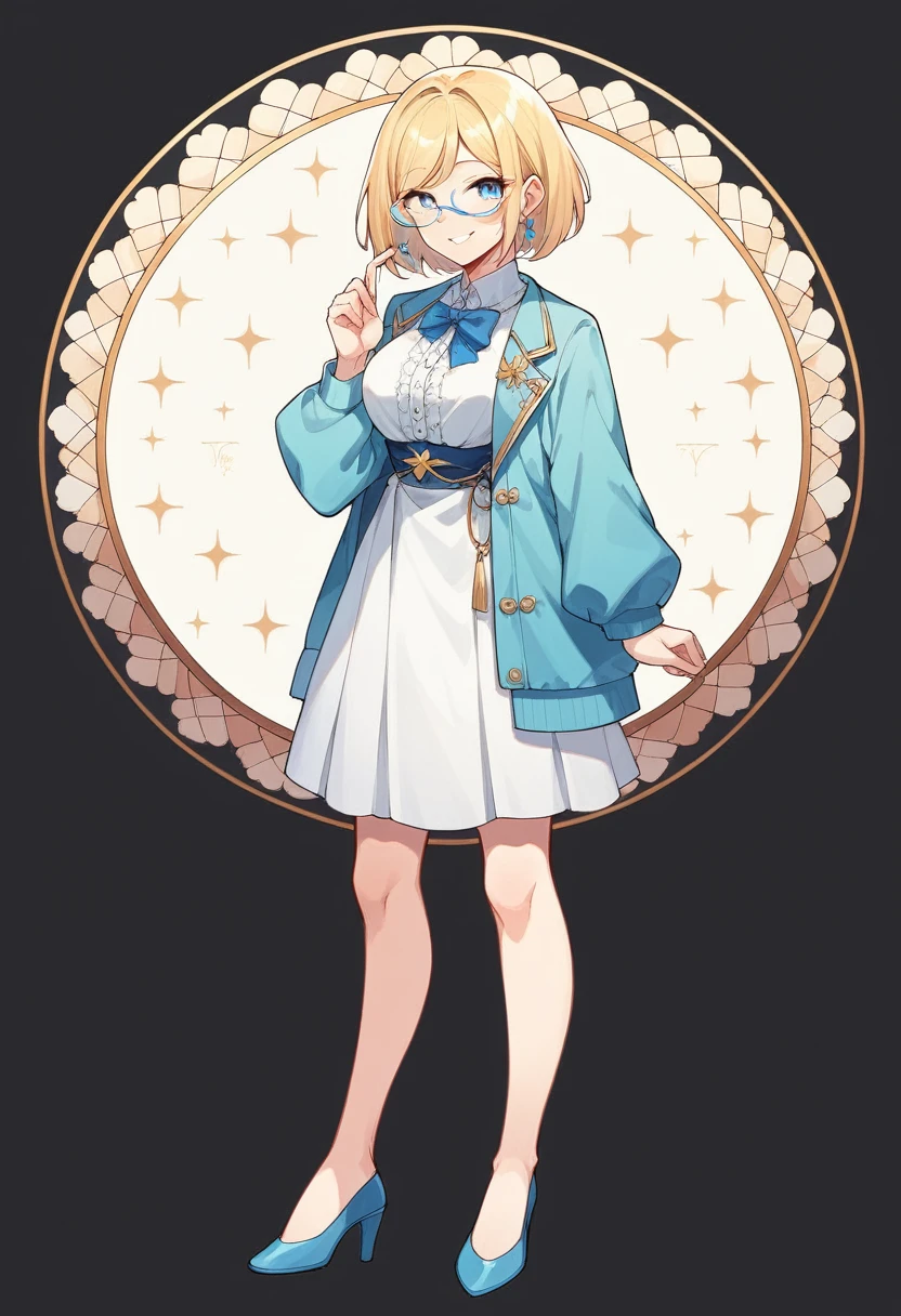 divine beautiful girl, beautiful face, solo, full body, standing, medium bob cut blonde hair, light blue eyes, two points glasses, medium breasts, blue opened short jacket, white blouse, white middle pleats skirt, blue high heels, soft smile, pinch one's glasses, perfect hands and perfect fingers, black background, no background, pastel 2d art, matte painting, anime, masterpiece 