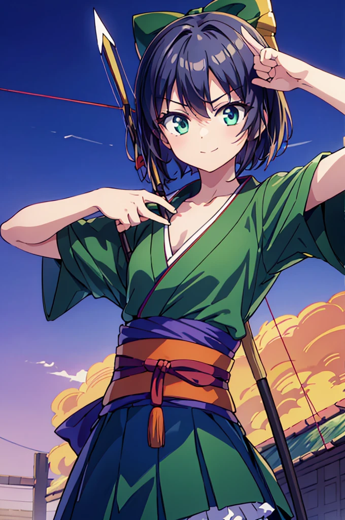 Highest quality, masterpiece, High resolution, alone, (Rurouni Kenshin: Saito Hajime),smile,((Bow and Arrow)),Killer,kimono,Long Bow,(Jinhaori),Evening sky_background,Young Girl,Anime Style, Highest quality, 4k, masterpiece,, alone, 1,whole body,looking at the camera, Shinkai Makoto style, (Emerald green_coat)Sharp Eyes,Low posture,(Draw the bow pose),(Full Finger), (Accurate fingertips), (The finer details), (Anatomically correct), (映画のbackground), Hyper Detail, (Subtle details), (Intricate details),