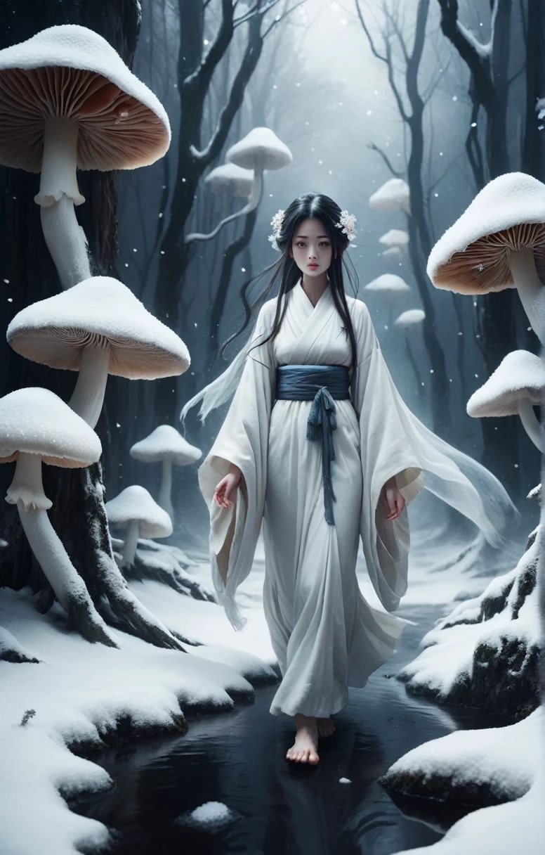 Calm colors, , Ghost Style, Dark and creepy (Haunted:1.4) Swamp with giant mushrooms (hundreds of Haunted ghosts roam:1.2). Dreamy illustration, Surreal fantasy, Snow Scene: Snowy landscape and falling snowflakes。
Beautiful female figure: A woman wearing a white kimono or yukata、Walking in the snow。
Coldness and fragility: A cold look or、A fleeting smile in the snow。
Traditional elements of Japan: A design themed around snow and ice that reflects traditional Japanese aesthetics。