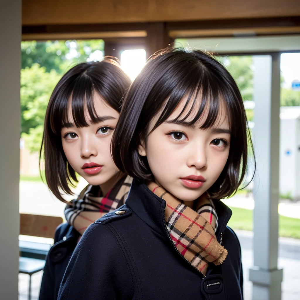 masterpiece、highest quality、super realistic、surreal、Ultra high definition、8k、Raw photo、textured skin、One Nogizaka girl,(16 years old,medium bob hair,bangs,black hair,floating hair,slim,small face,chest is small,thin waist,small ass,Are crying:1.5),(light fly duffel coat、burberry scarf:1.2)、terminal station platform、lean on a pillar、crowd(Natural light、strong sunlight、Moving the chart, film grain、full body shot、profile、profile、It's blurry、very long shot、letterbox、negative space、Sigma 85mm F/1.4)、finder