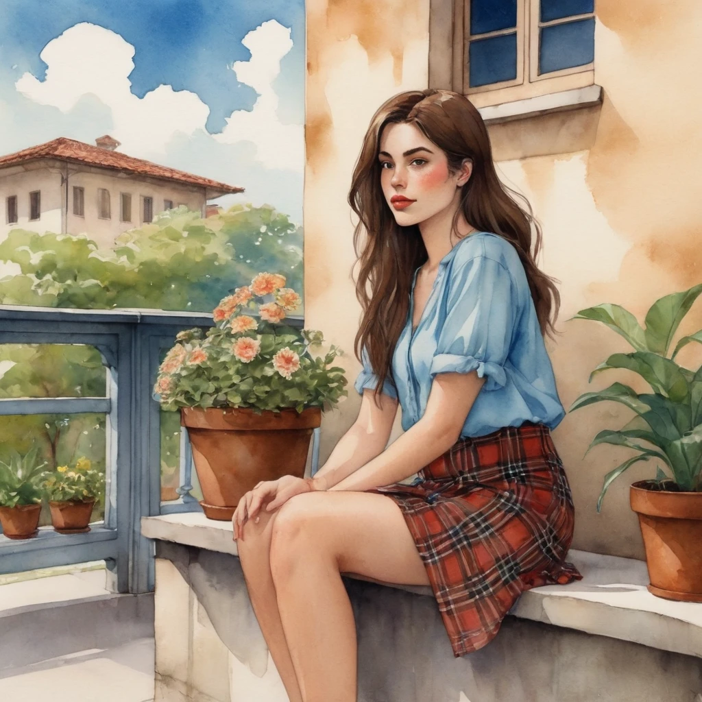 The watercolor, anime style, you asked for it, with the Brazilian woman of African ethnicity as the focal point of the scene. She sits with her back to us on a concrete porch, her arms resting on her knees and her straight brown hair falling around her shoulders. She wears a light blue blouse with thin straps and a floral skirt, her lips are a striking red and she wears black flip-flops. A brown plaid bag sits on the balcony, and the background has a beige wall with a window and potted plants by Daniela Uhlig