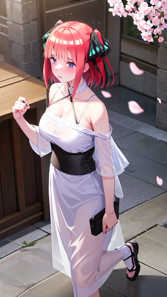 nino nakano, short hair, bangs, blue eyes, hair ornaments, Hair Ribbon, Pink Hair, blunt bangs, Both sides up, butterfly hair ornaments, skirt, Off the shoulder、Random color see-through kunoichi costume、Japanese see-through female samurai costume、See-through female ninja costume,, Open clothes, Collared dress emphasizes cleavage、胸の谷間のSweat is noticeable,, 満開のcherry blossoms、cherry blossoms、Open-air bath、Outdoor、Professional lighting light reflection、 looking at viewer, (masterpiece:1.2), Highest quality, High resolution, unity 8k wallpaper, (figure:0.8), (Beautiful fine details:1.6), Highly detailed face, Perfect lighting, Highly detailed CG, (Perfect hands, Perfect Anatomy),heavy rain、heavy rainで全身びしょ濡れ、heavy rainで全身びしょ濡れの服、High heels、 ((Perfect handsの形))、(Perfect foot shape、Embarrassed expression blushing、、Gestures to seduce a man、Obscene pose、Shining Sweat、Perfect Skin,Sweat is noticeable、太もものSweat is noticeable、、 Fair skin,Tight waist, Sweating profusely、Sweaty hair、Sweaty clothes、Sweaty、Visible sweat、rain-wet hair