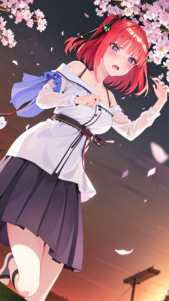 nino nakano, short hair, bangs, blue eyes, hair ornaments, Hair Ribbon, Pink Hair, blunt bangs, Both sides up, butterfly hair ornaments, skirt, Off the shoulder、Random color see-through kunoichi costume、Japanese see-through female samurai costume、See-through female ninja costume,, Open clothes, Collared dress emphasizes cleavage、胸の谷間のSweat is noticeable,, 満開のcherry blossoms、cherry blossoms、Open-air bath、Outdoor、Professional lighting light reflection、 looking at viewer, (masterpiece:1.2), Highest quality, High resolution, unity 8k wallpaper, (figure:0.8), (Beautiful fine details:1.6), Highly detailed face, Perfect lighting, Highly detailed CG, (Perfect hands, Perfect Anatomy),heavy rain、heavy rainで全身びしょ濡れ、heavy rainで全身びしょ濡れの服、High heels、 ((Perfect handsの形))、(Perfect foot shape、Embarrassed expression blushing、、Gestures to seduce a man、Obscene pose、Shining Sweat、Perfect Skin,Sweat is noticeable、太もものSweat is noticeable、、 Fair skin,Tight waist, Sweating profusely、Sweaty hair、Sweaty clothes、Sweaty、Visible sweat、rain-wet hair