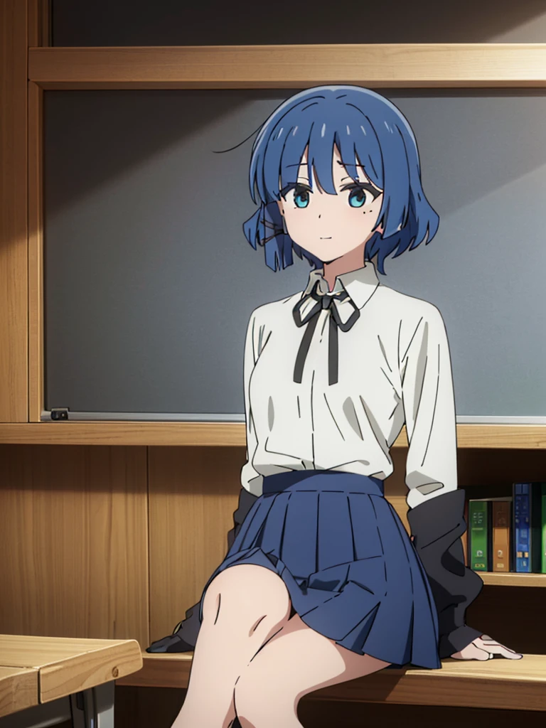  1girl, solo, high_quality, 8k, masterpiece, defined_pupil, vivid_colors, (high_quality_eyes:1.1), 

(classroom_background:1.2), bookshelf,

looking_at_viewer, (sitting:1.2), 

blushed, happy, closed_mouth,

(white_collared_shirt:1.3), (blue_skirt:1.2), (black_neck_ribbon:1.2),

thighs, defined_ass,

(medium_breasts:1.3), perfect_breasts, sexy_body, hairclip, mole, mole_under_eye, short_hair, bangs, blue_hair, 