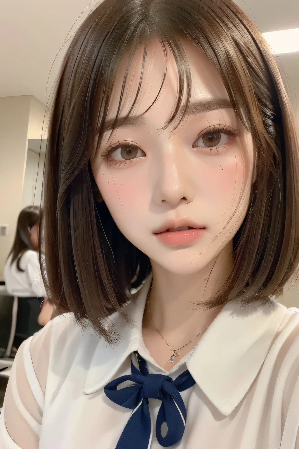 (Highest quality:1.3)、(Masterpiece:1.4)、Raw photo、8k、(Highest Resolution)、(Highest quality)、high resolution、(from the front)、Beautiful face in every detail、Realistic human skin、(Long bob hair:1.3)、(Straight Hair)、(Low hair volume:1.3)、Shirahime cut hairstyle、(Young and pretty Asian face), (Beautiful Asian Girl),((Ulzzang))、(Her eyes are big)、Attractive woman、(Attractive lips)、The corners of the mouth rise、(With bangs))、(No makeup)、Beautiful Hair、(Blushing:1.17)、(Japanese high school girls)、(Schoolgirl uniform)、、(JK Ribbon)、A bow tie、I want to kiss、(I want you to kiss me)、The Temptation of Kissing、garden