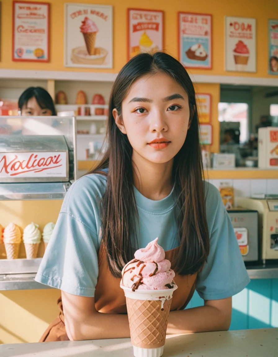 Portrait MagMix Girl looking at camera, Long hair, Work clothes, Retro style ice cream shop,Light-colored walls, Cold drink counter, and retro ice cream poster, Bathed in the warm sunshine, Analog film photos, Kodak color film.