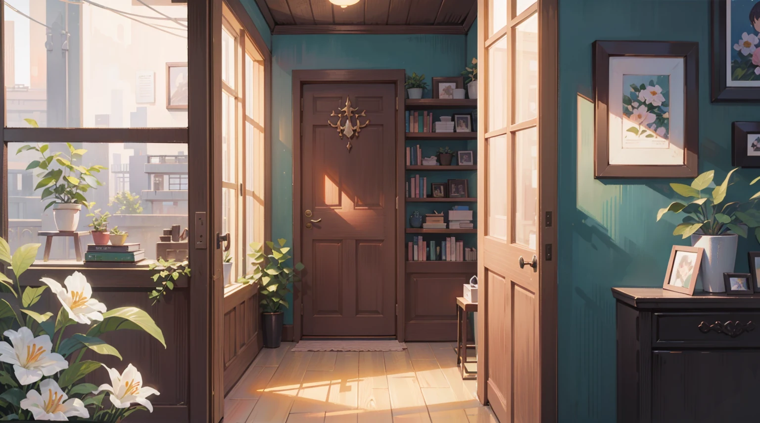 (Masterpiece), Best quality, Ultra-high resolution, detailed structure, Detailed architecture, (Warm pastel colors), indoor,(nobody:1.5), plant, Stamens, indoor。(pink:1.5)