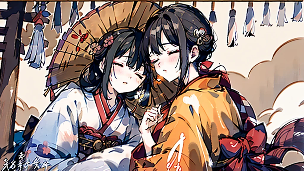 masterpiece, Highest quality, Highest quality, masterpiece, High resolution, concentrated,Japan,Japanese,Japan,Japanese style,Waka,Chihayafuru,words,vocabulary,Sleep,Sleep学習,Twelve-layered kimono,No text,Two people