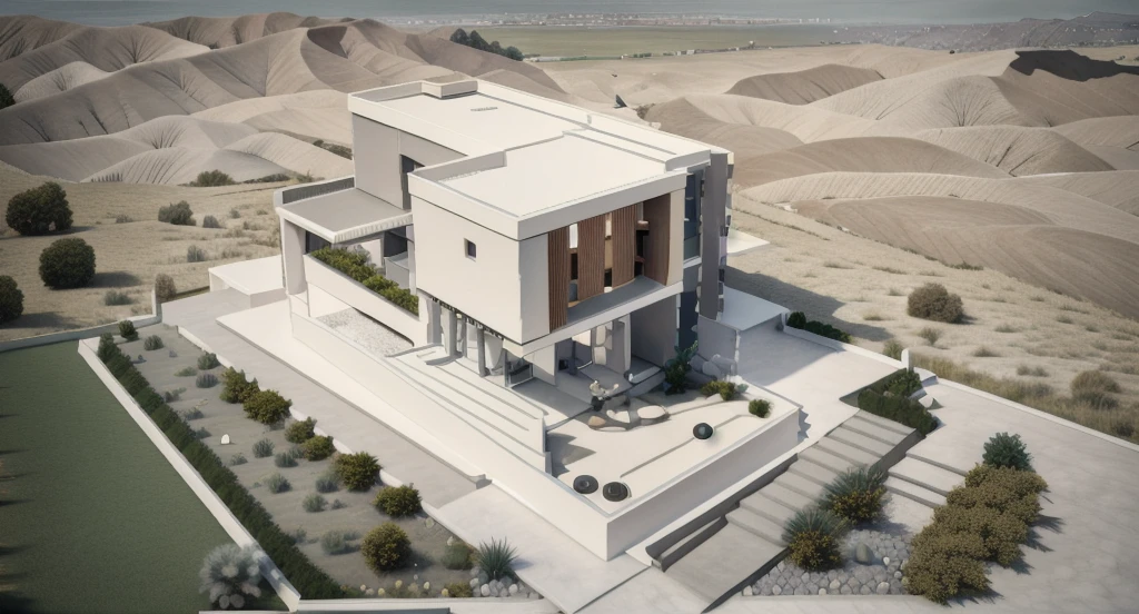 RAW photo of house, two floors, Modern style, closed facade, Slate material, white concrete, wood, external stairs, lots of green space, daylight, Dark, amount of light: :1.5, warm light, highlight::1.5, art trend target light, studio photo, intricate details, luxurious and spacious, beautiful, realistic, 32k uhd, Noon.