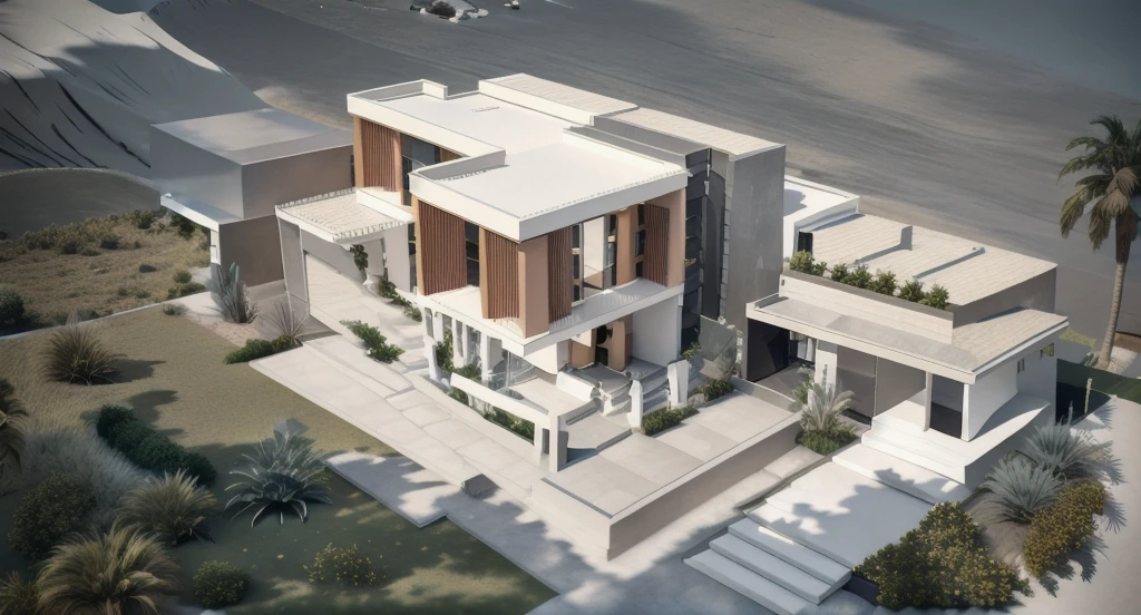 RAW photo of house, two floors, Modern style, closed facade, Slate material, white concrete, wood, external stairs, lots of green space, daylight, Dark, amount of light: :1.5, warm light, highlight::1.5, art trend target light, studio photo, intricate details, luxurious and spacious, beautiful, realistic, 32k uhd, Noon.