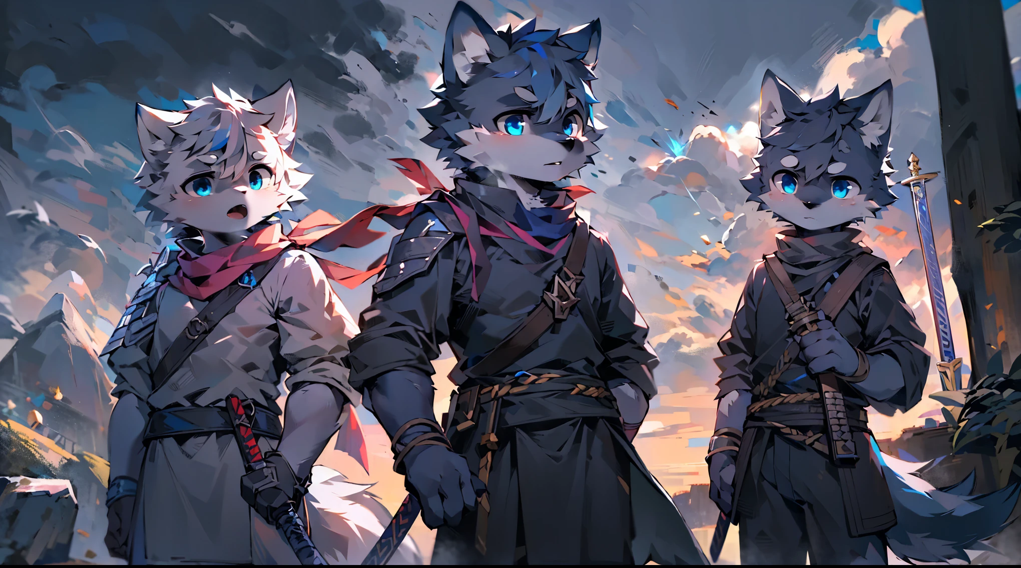 Wolf,juvenile,male,Gray-black fur,Sky blue eyes,Ancient combat uniform,scarf,Holding a long sword,Scabbard back,permanent,The only one,dawn,illumination,Break