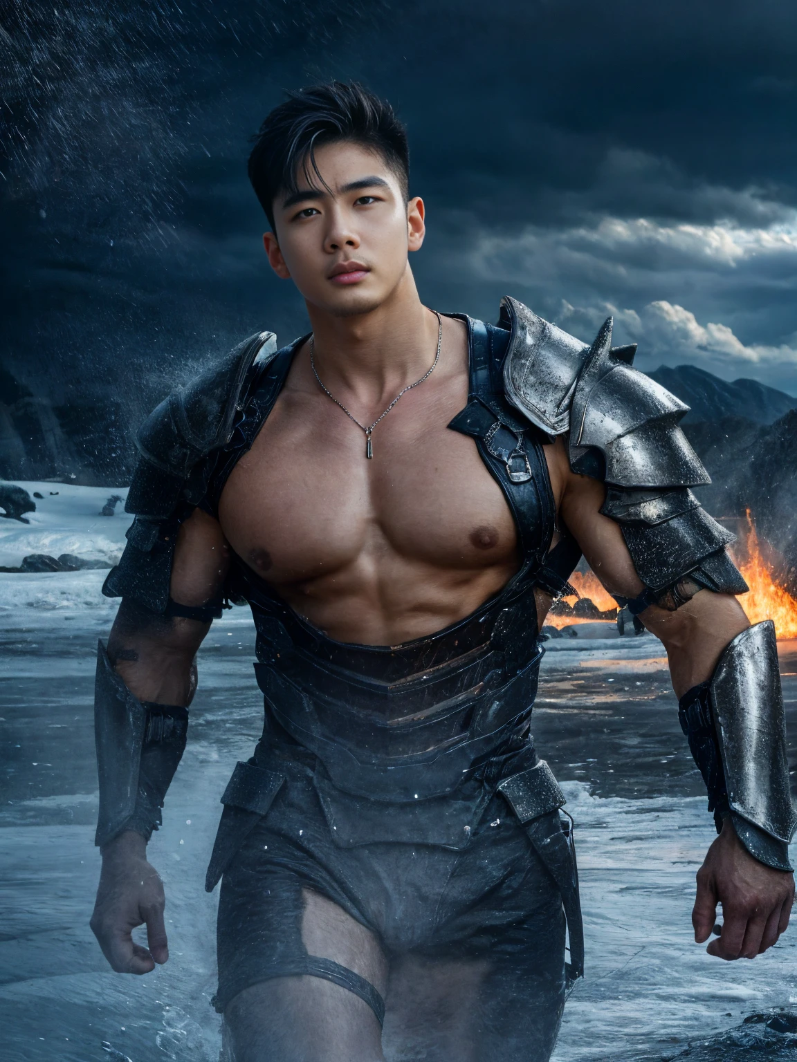 Realistic photography of a korean idol boy, 22 ages , wearing a lava armor, thin necklace, ((huge pecs)), at ice ages strom,run cool