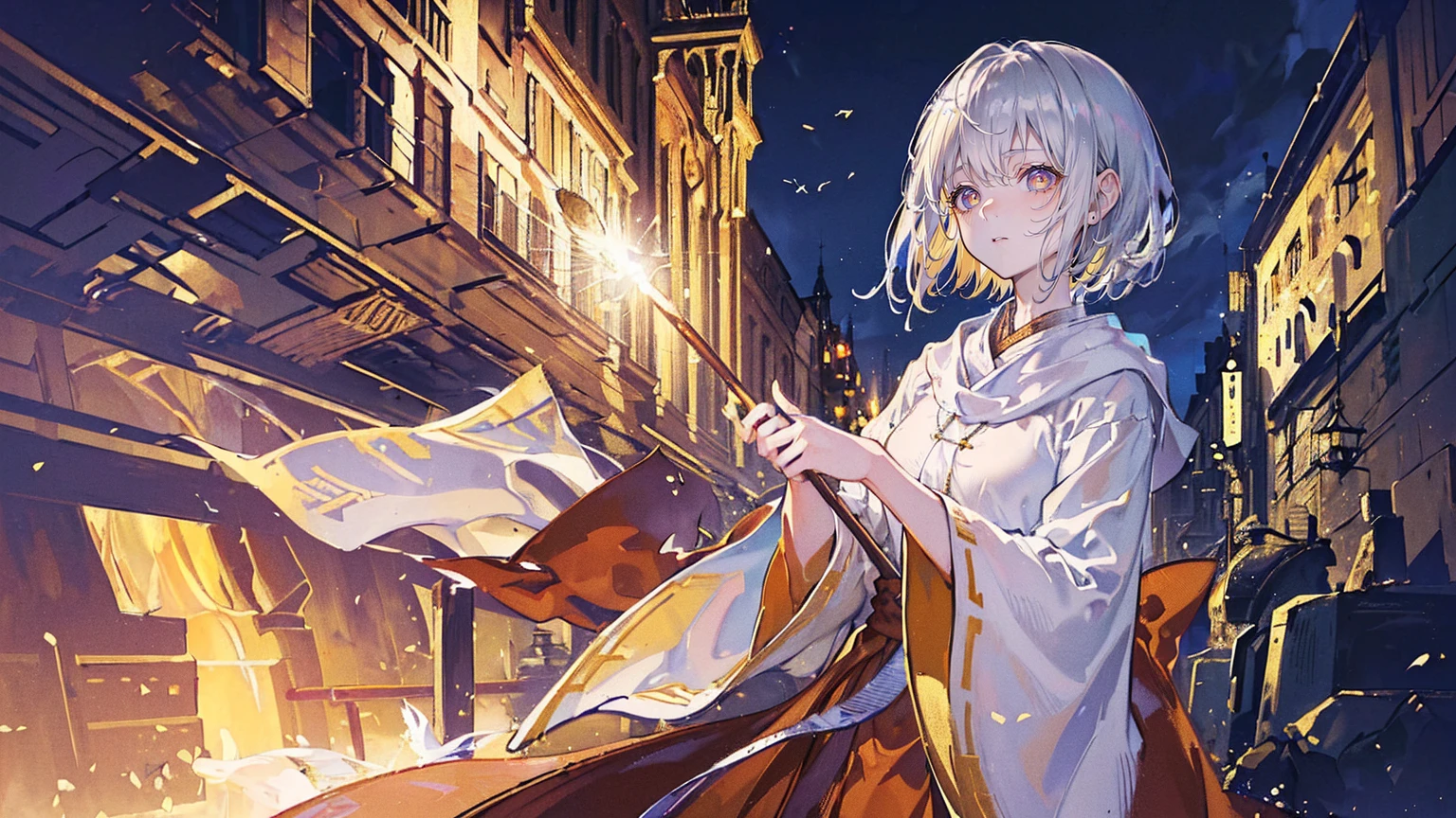 (Super detailed)),((illustration))，((masterpiece)),(((need))),((fine、Highest quality CG Unity 8K wallpapers，masterpiece），（（4k，masterpiece，best quality）），Girl with short silver hair，Golden pupils，Western monk robes，The monk&#39;s robe is covered with strange marks，Boots，Gold and silver sun hat，Lots of warm colors，sunshine，Standing on the cliff，The sky is broken into pieces，brush，There is a drawing board on the side，In front of me is a staircase that reaches the clouds，peaceful，Become a god，Church stained glass window pictures，Bird&#39;s-eye view，Medieval style，myth，Full body picture